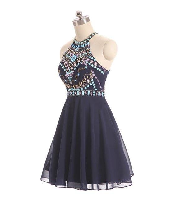 Dark Blue Beads Short Cute Halter Homecoming Dress with Sweet 16 Cocktail Dress