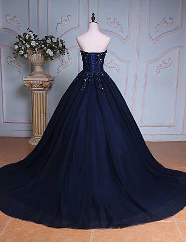 Princess Ball Gown Sweetheart Navy Blue Beads Ruffles Long Tulle Prom Dresses with Lace up WK236