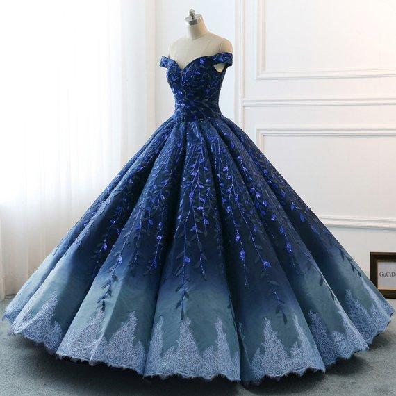 Ball Gown Navy Blue Lace Applique Ombre Off the Shoulder Princess Quinceanera Dresse WK269